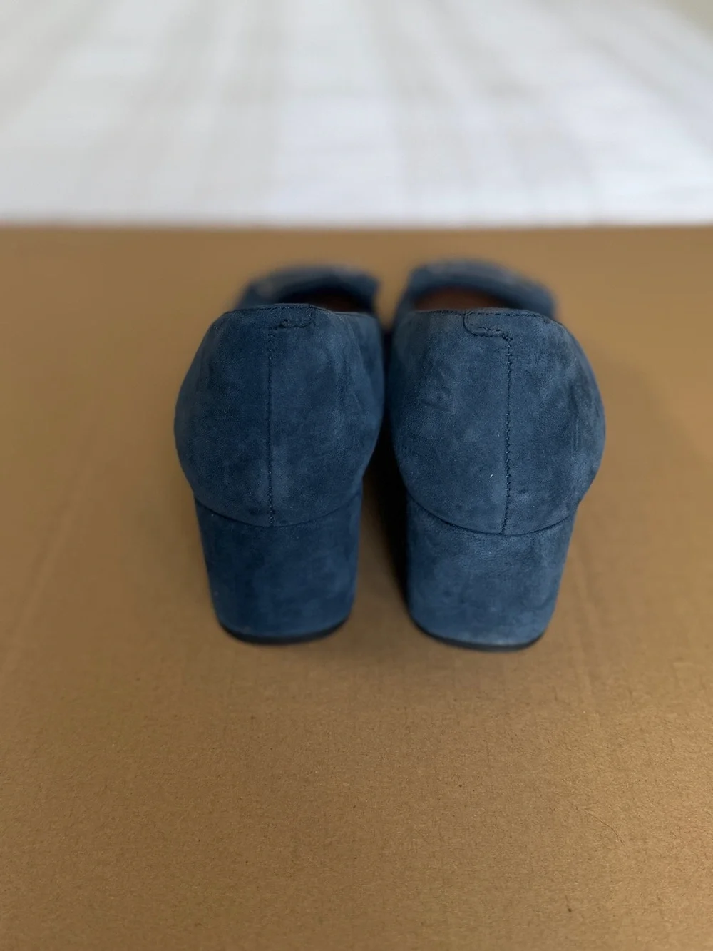 Clarks Navy Suede Low Block Heel Pumps with Buckle Accent